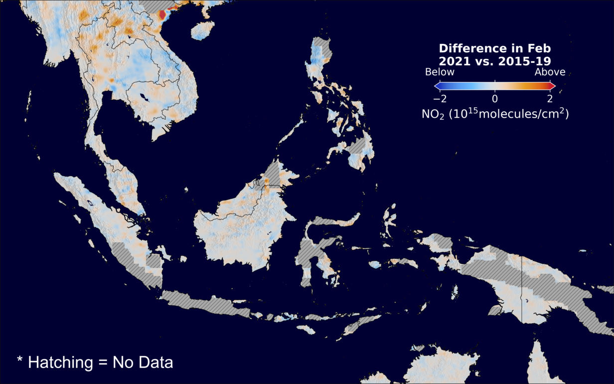 The average minus the baseline nitrogen dioxide image over SEAsia for February 2021.
