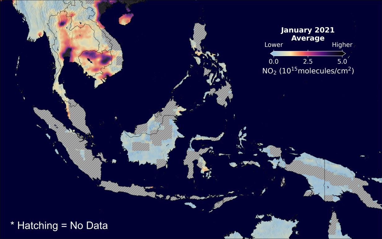 An average nitrogen dioxide image over SEAsia for January 2021.
