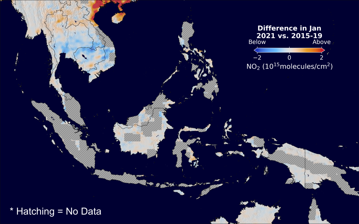 The average minus the baseline nitrogen dioxide image over SEAsia for January 2021.