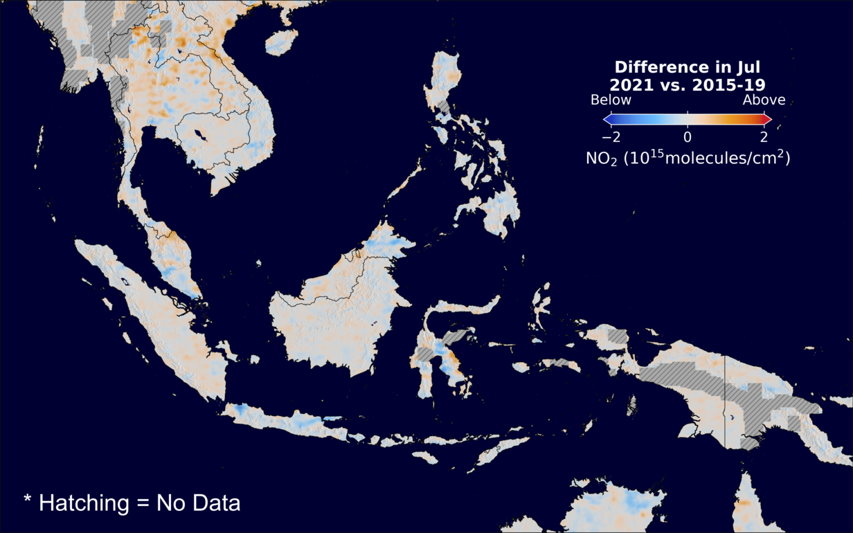 The average minus the baseline nitrogen dioxide image over SEAsia for July 2021.