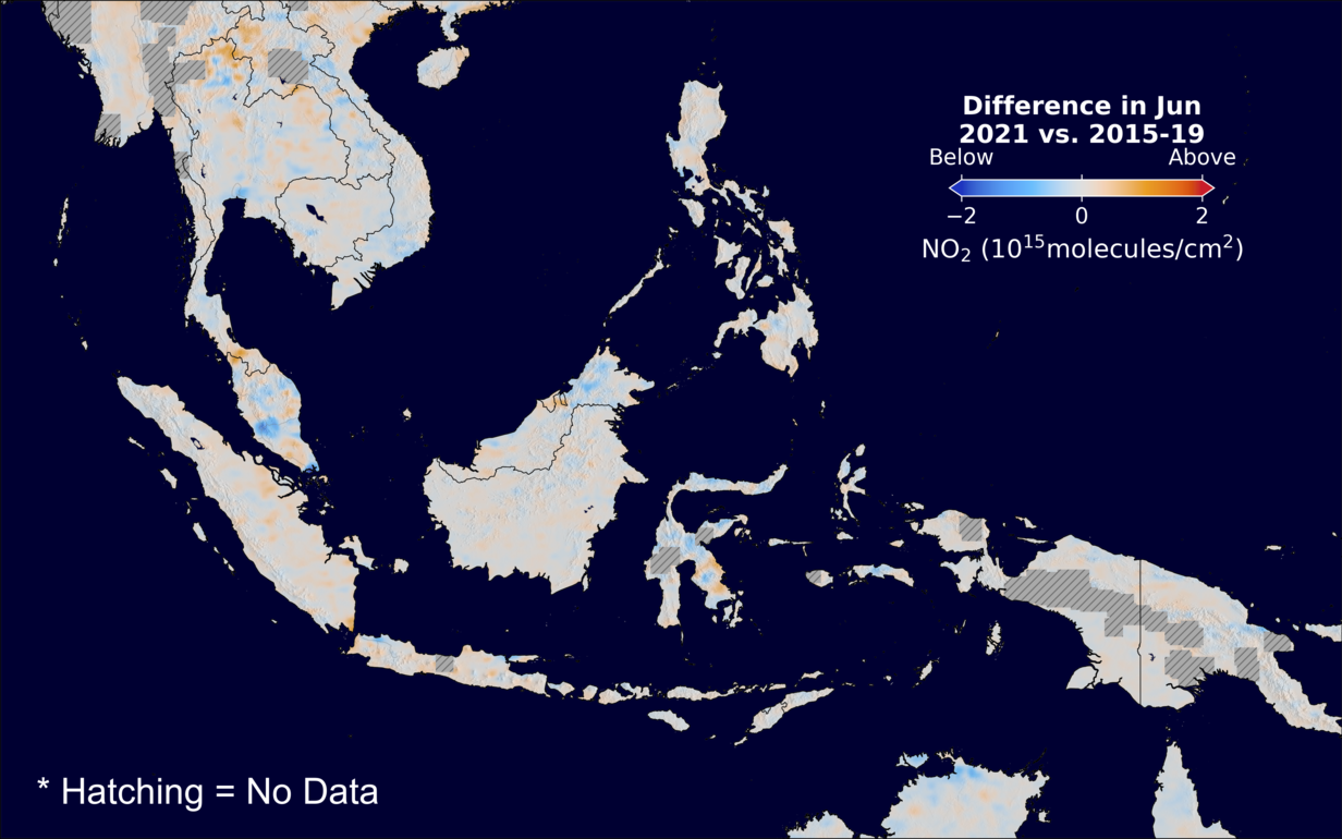 The average minus the baseline nitrogen dioxide image over SEAsia for June 2021.