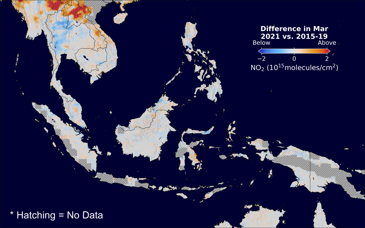 The average minus the baseline nitrogen dioxide image over SEAsia for March 2021.