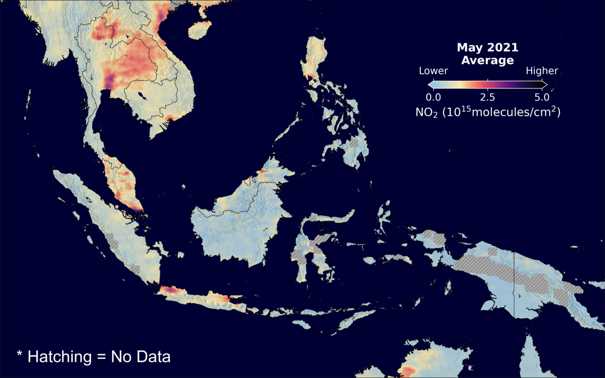An average nitrogen dioxide image over SEAsia for May 2021.