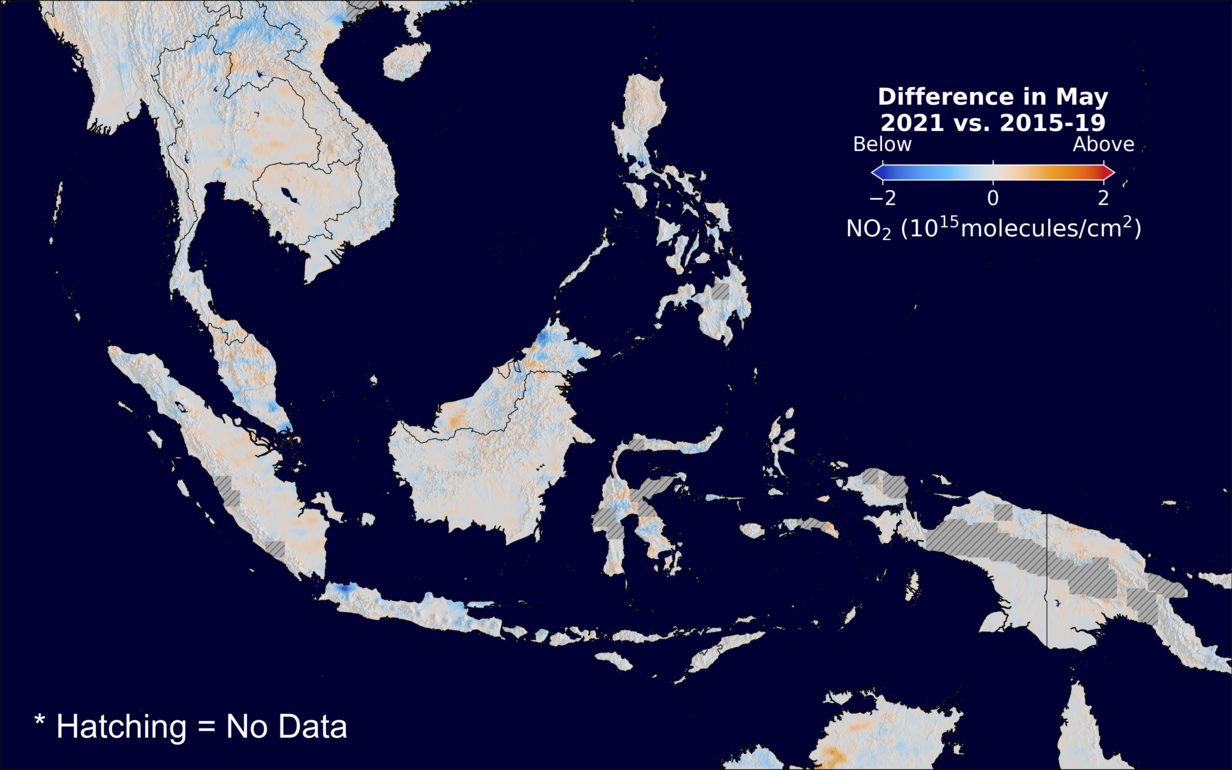 The average minus the baseline nitrogen dioxide image over SEAsia for May 2021.