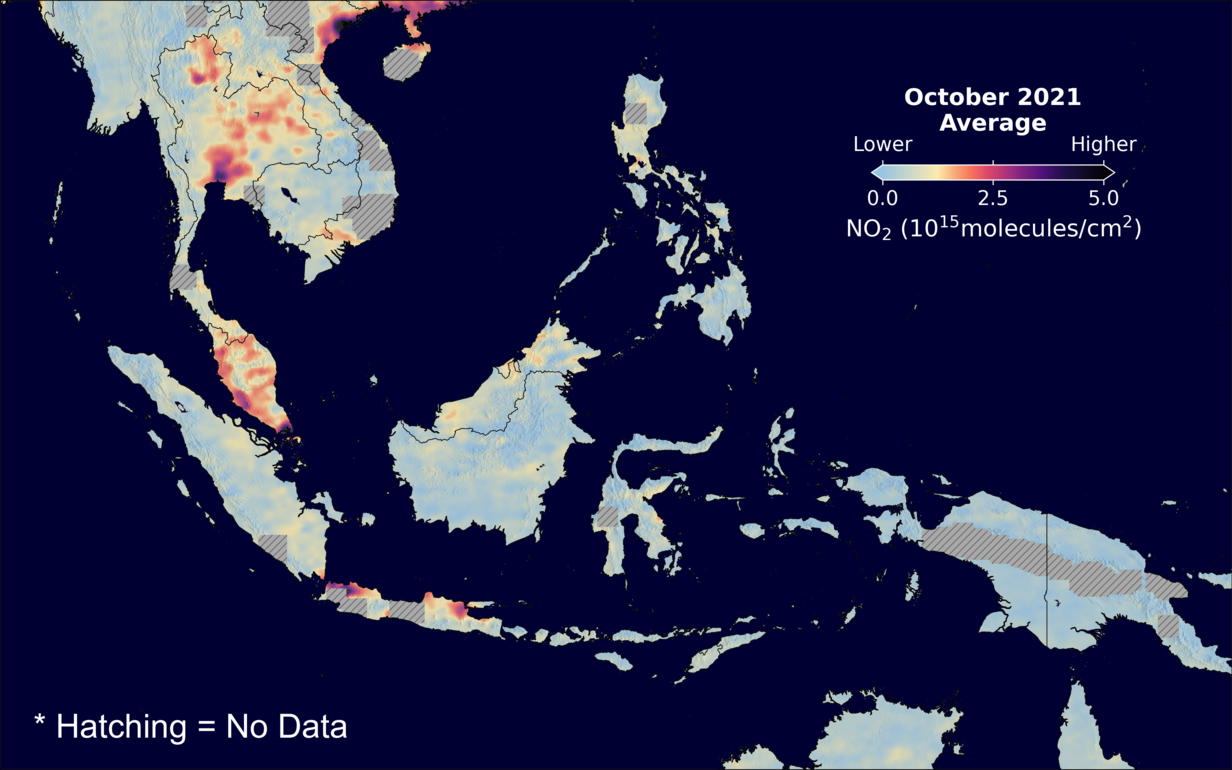 An average nitrogen dioxide image over SEAsia for October 2021.
