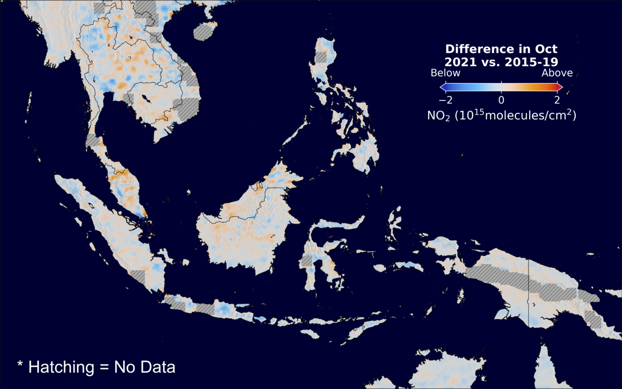 The average minus the baseline nitrogen dioxide image over SEAsia for October 2021.