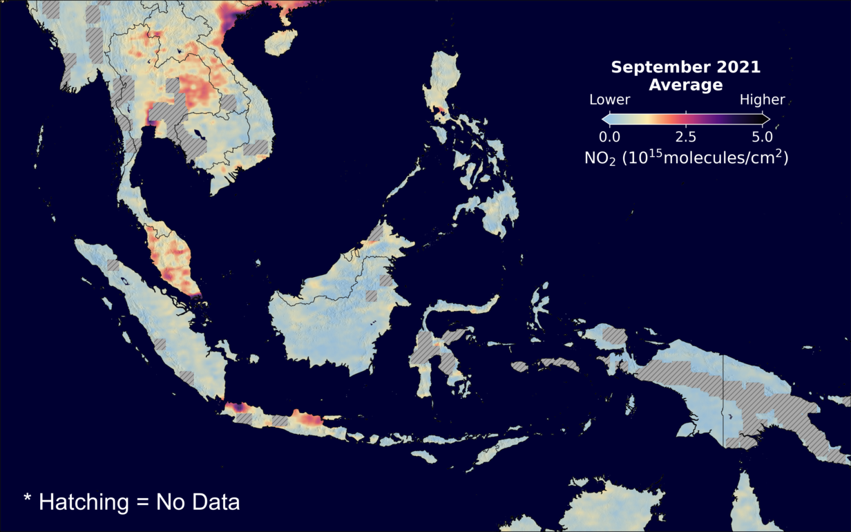 An average nitrogen dioxide image over SEAsia for September 2021.