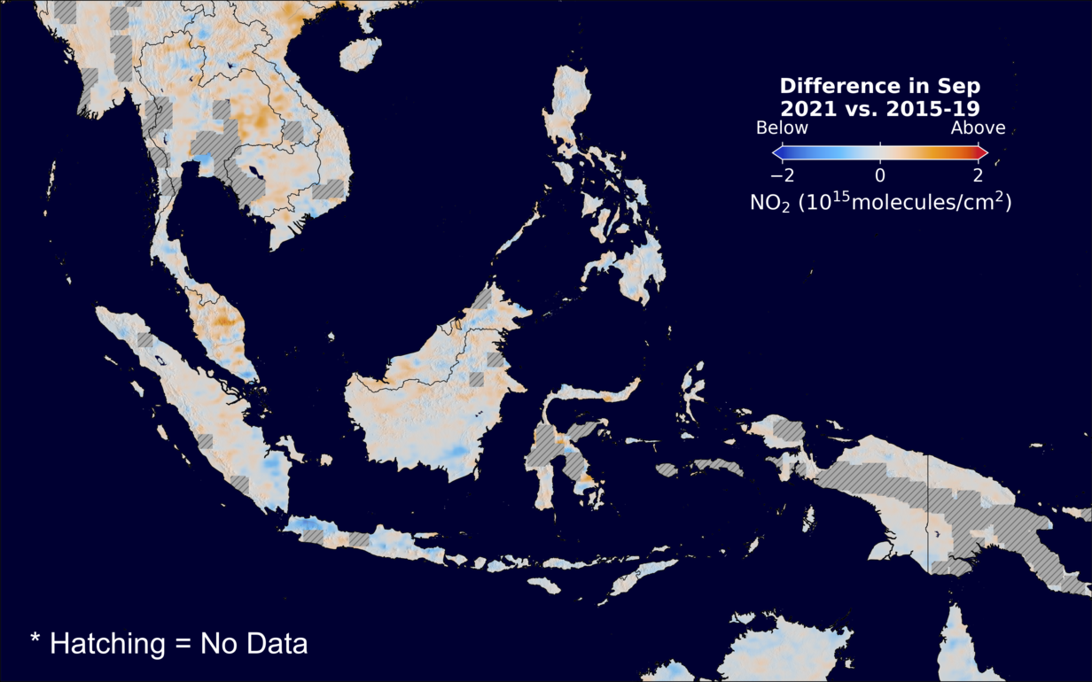 The average minus the baseline nitrogen dioxide image over SEAsia for September 2021.