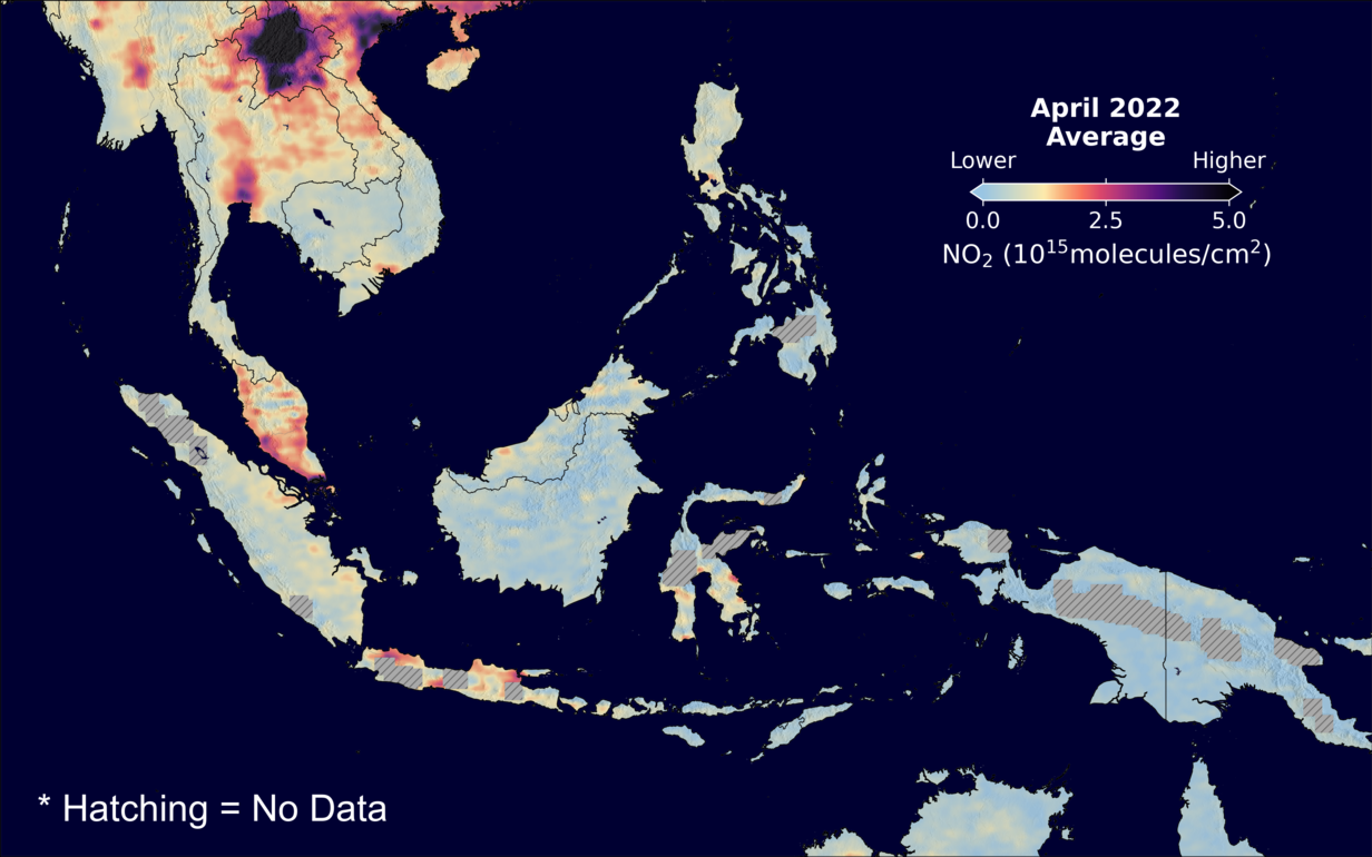 An average nitrogen dioxide image over SEAsia for April 2022.