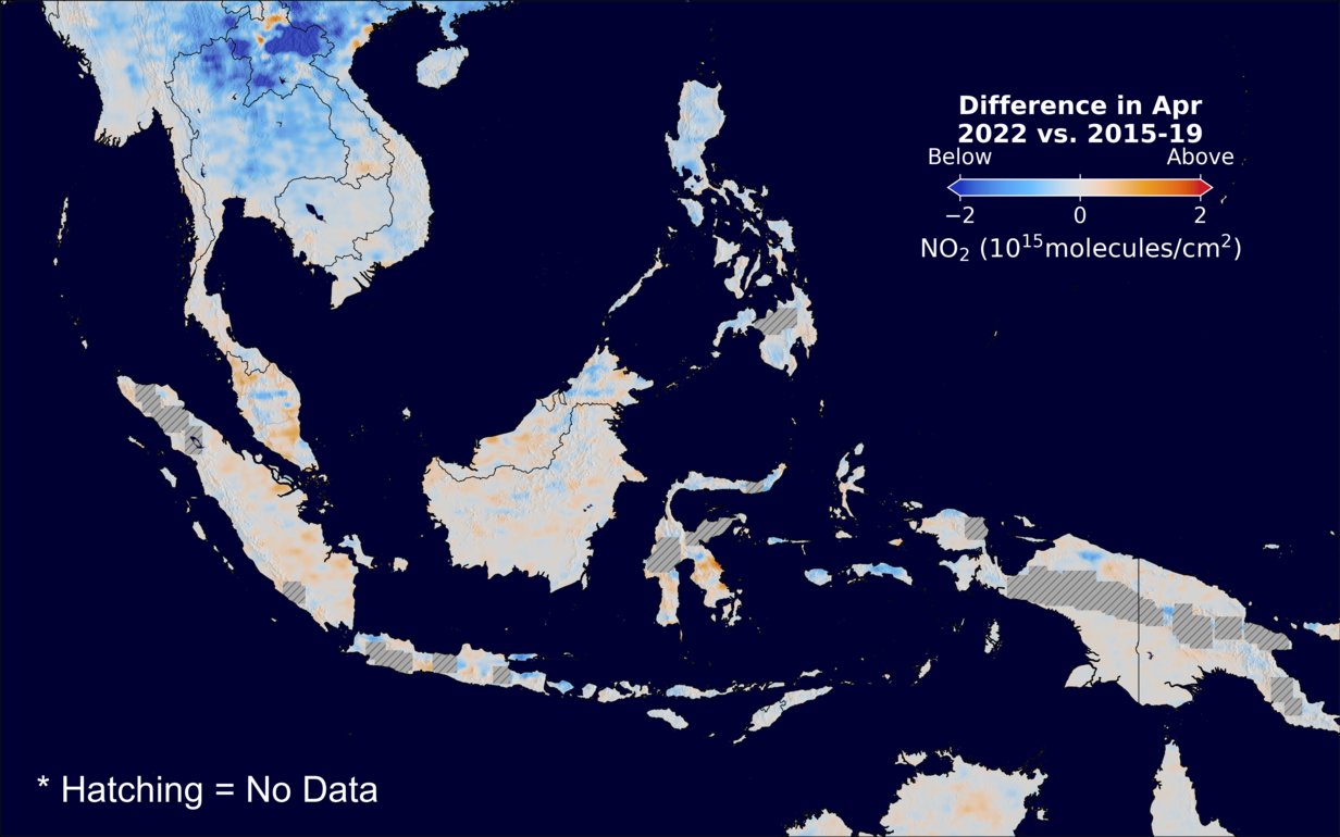 The average minus the baseline nitrogen dioxide image over SEAsia for April 2022.