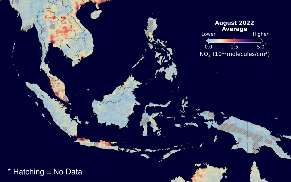 An average nitrogen dioxide image over SEAsia for August 2022.