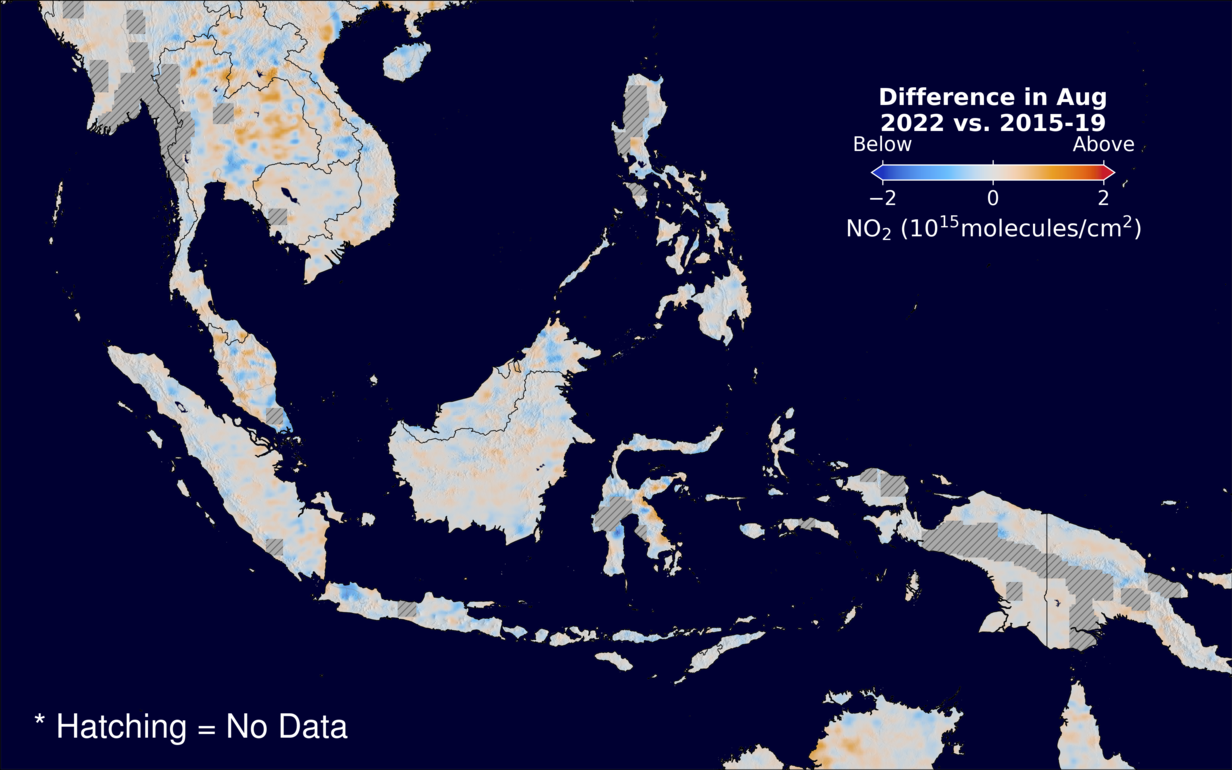 The average minus the baseline nitrogen dioxide image over SEAsia for August 2022.