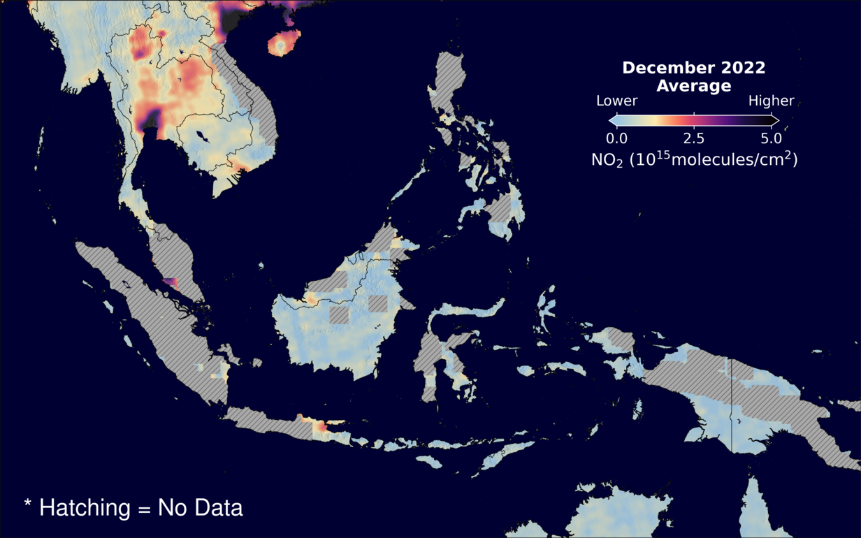 An average nitrogen dioxide image over SEAsia for December 2022.