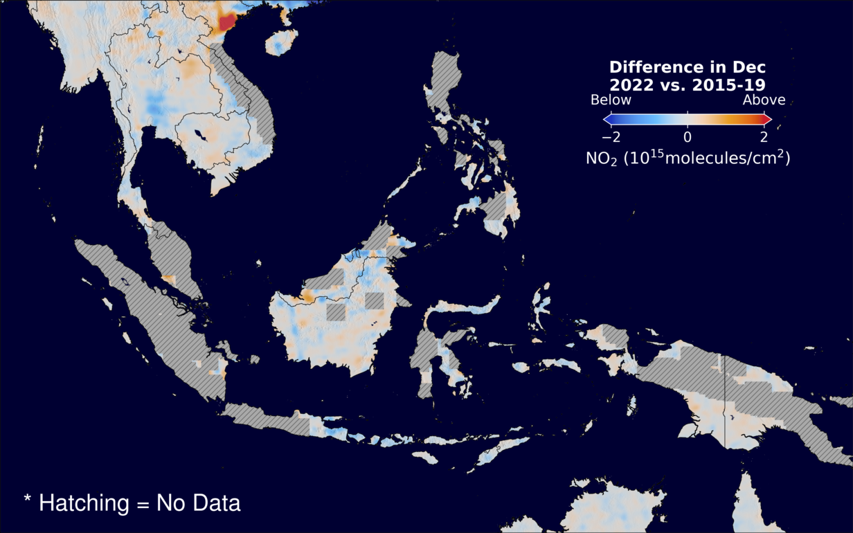 The average minus the baseline nitrogen dioxide image over SEAsia for December 2022.