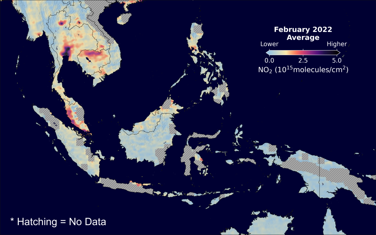 An average nitrogen dioxide image over SEAsia for February 2022.