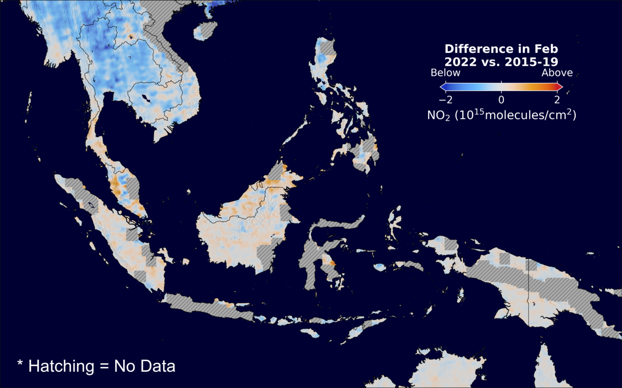 The average minus the baseline nitrogen dioxide image over SEAsia for February 2022.