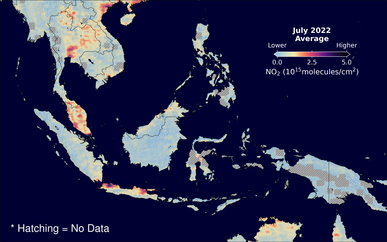 An average nitrogen dioxide image over SEAsia for July 2022.
