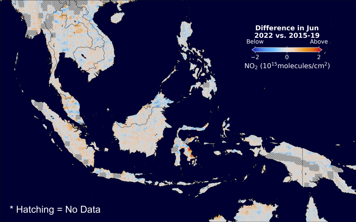 The average minus the baseline nitrogen dioxide image over SEAsia for June 2022.