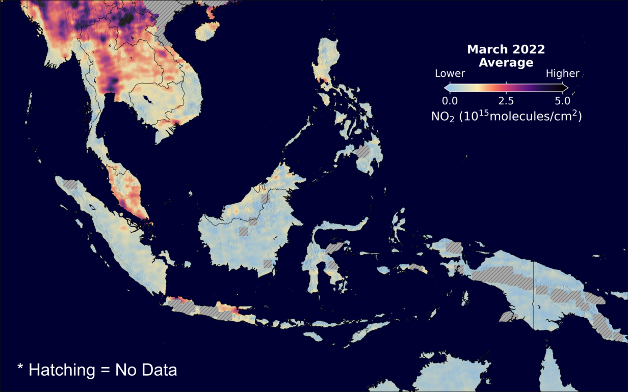 An average nitrogen dioxide image over SEAsia for March 2022.