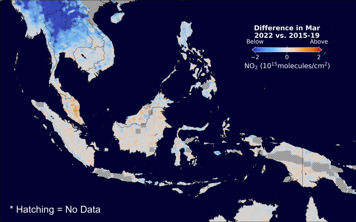 The average minus the baseline nitrogen dioxide image over SEAsia for March 2022.