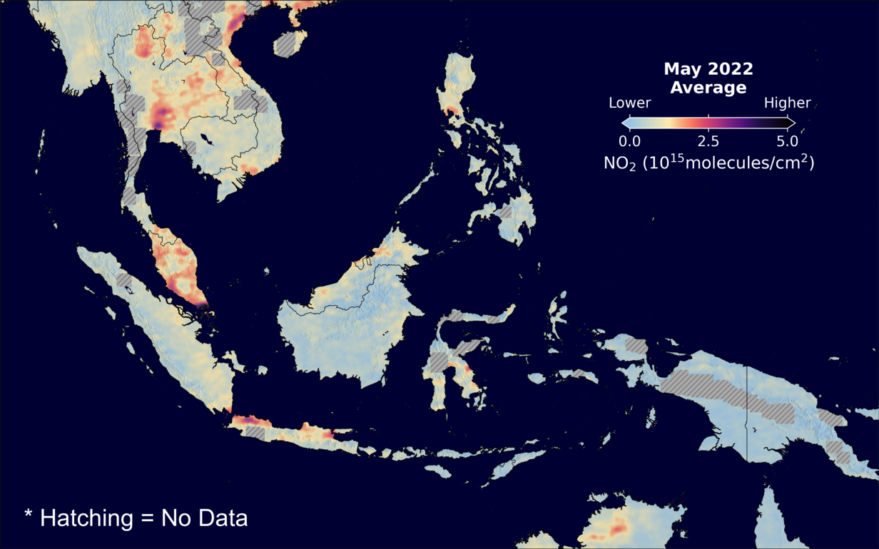 An average nitrogen dioxide image over SEAsia for May 2022.