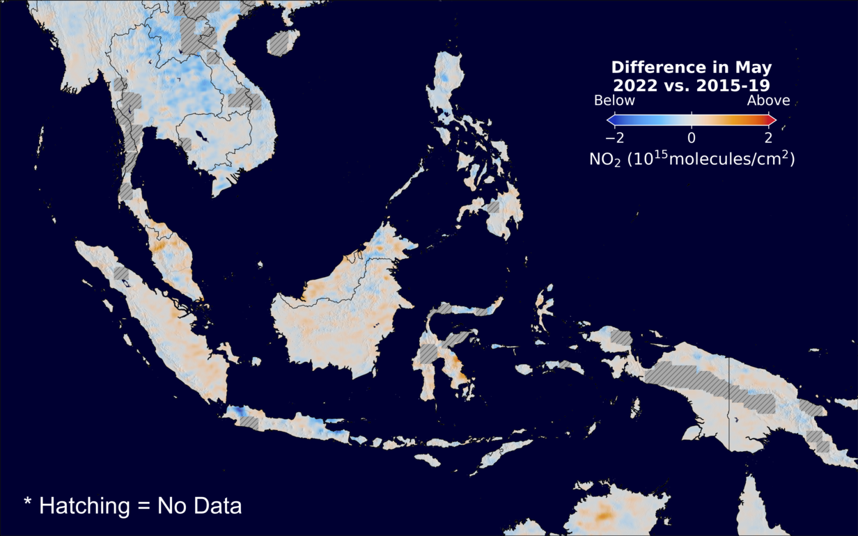 The average minus the baseline nitrogen dioxide image over SEAsia for May 2022.