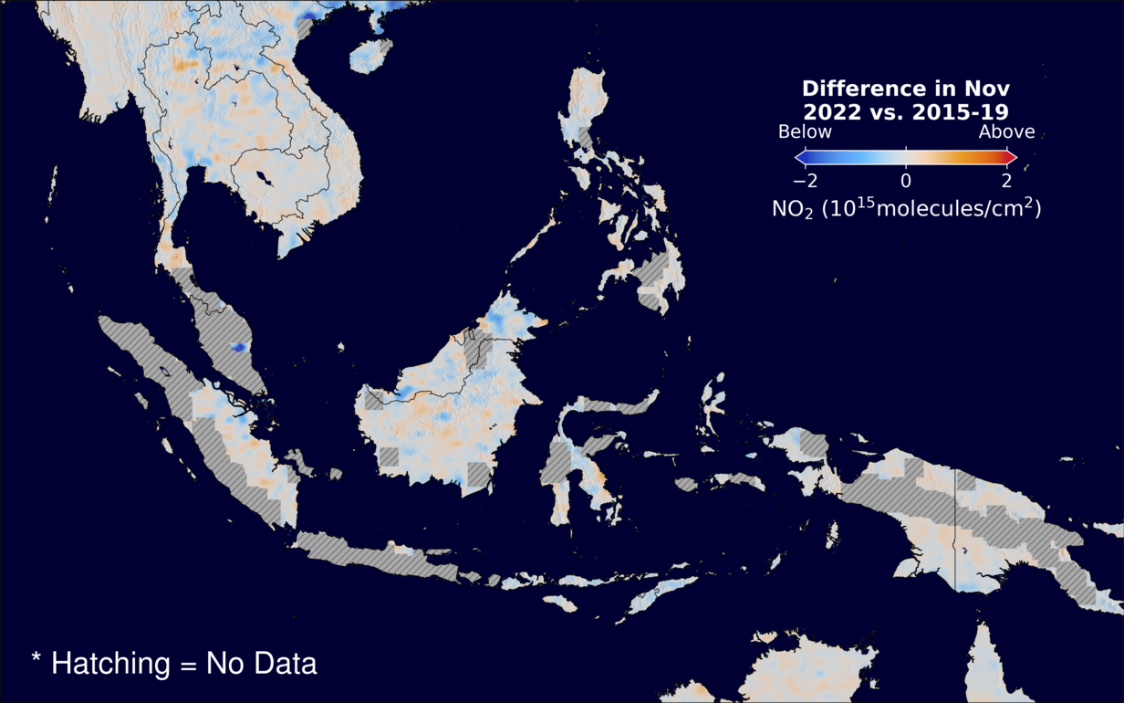 The average minus the baseline nitrogen dioxide image over SEAsia for November 2022.