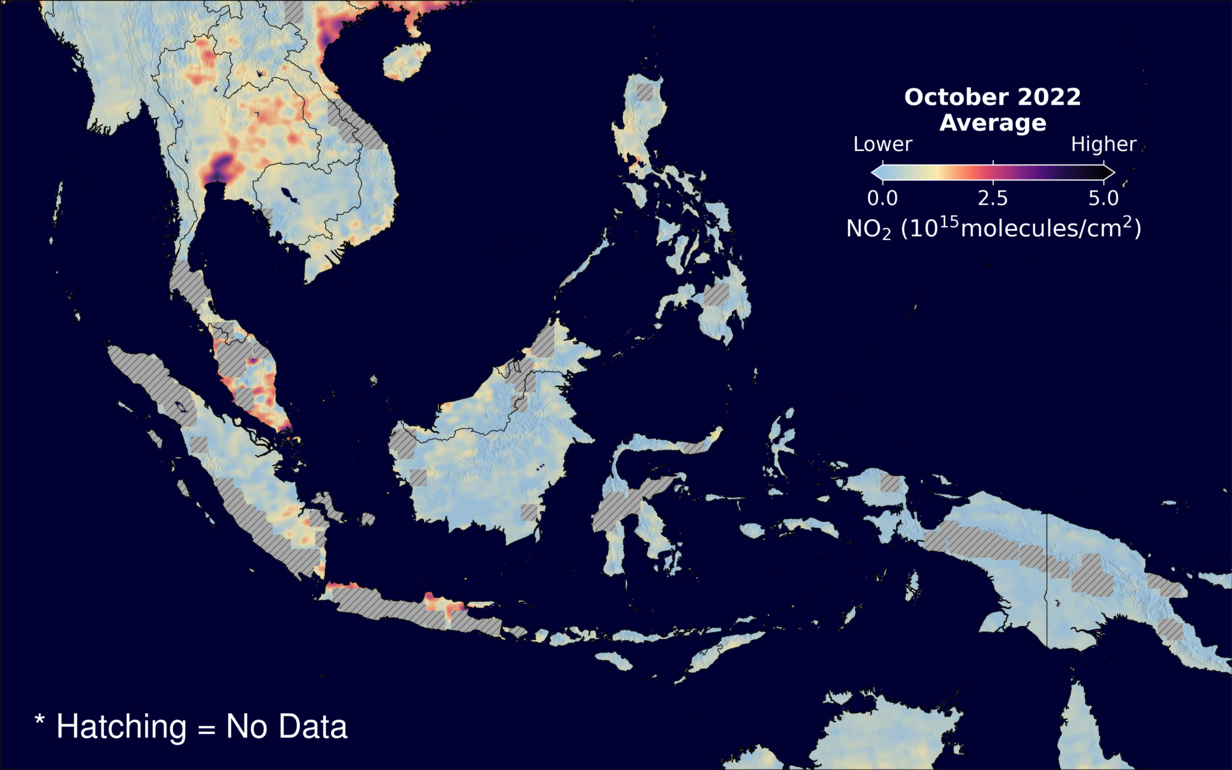 An average nitrogen dioxide image over SEAsia for October 2022.