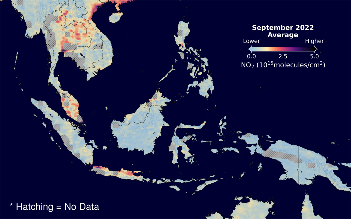 An average nitrogen dioxide image over SEAsia for September 2022.