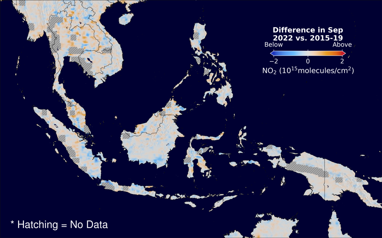 The average minus the baseline nitrogen dioxide image over SEAsia for September 2022.
