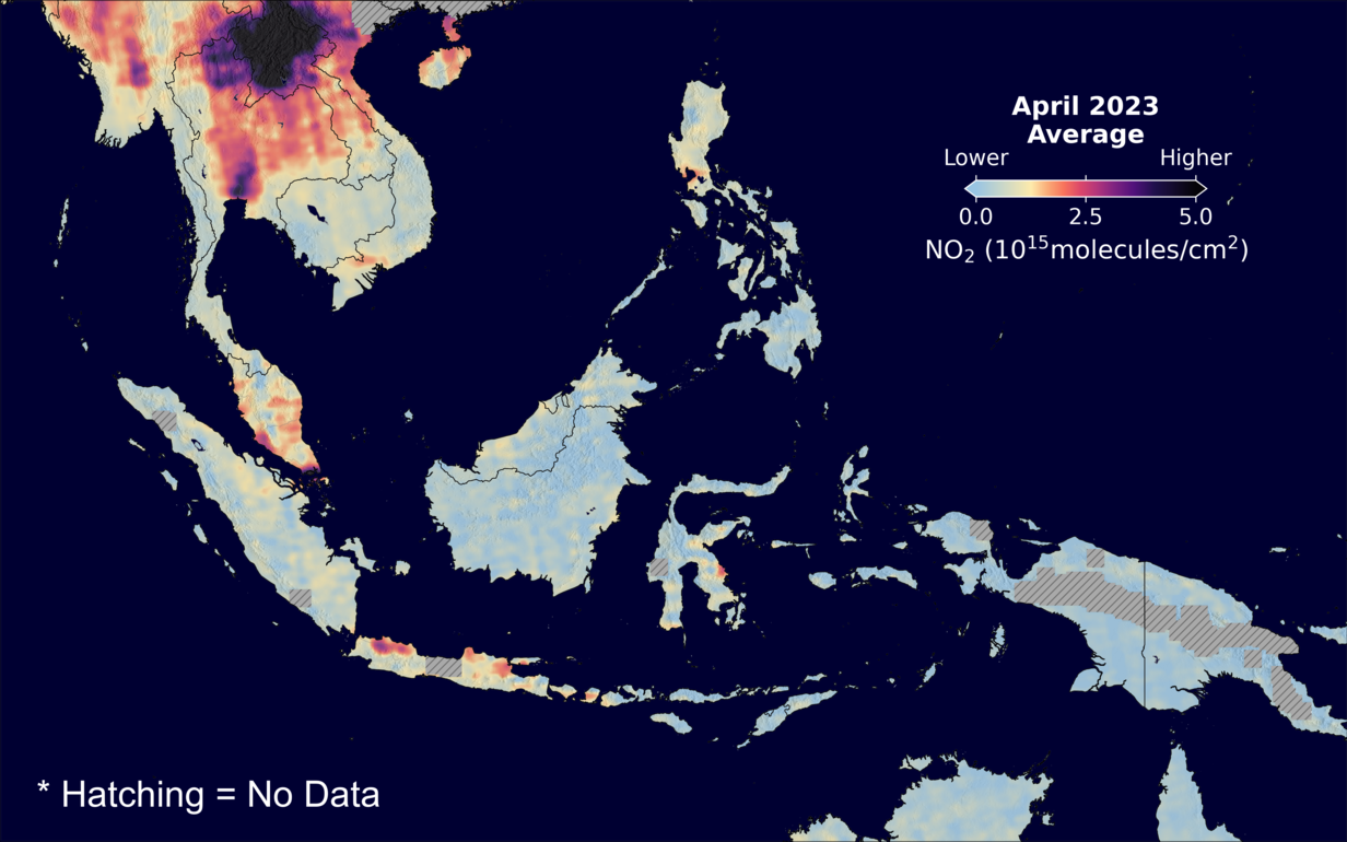 An average nitrogen dioxide image over SEAsia for April 2023.