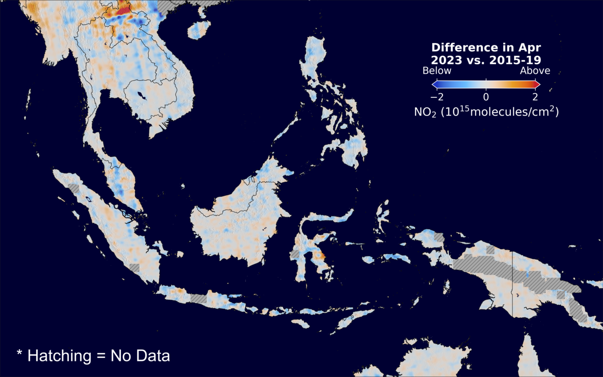 The average minus the baseline nitrogen dioxide image over SEAsia for April 2023.