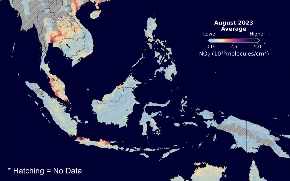 An average nitrogen dioxide image over SEAsia for August 2023.