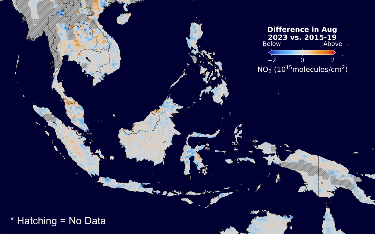 The average minus the baseline nitrogen dioxide image over SEAsia for August 2023.