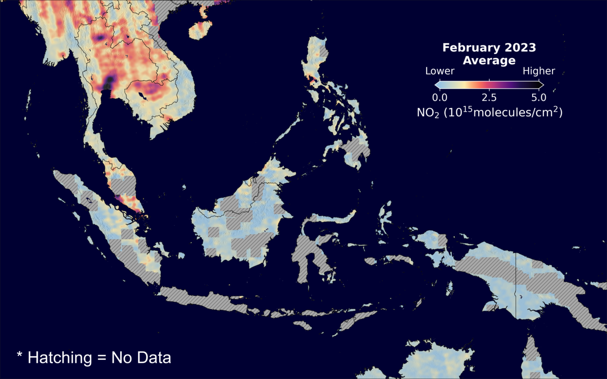 An average nitrogen dioxide image over SEAsia for February 2023.
