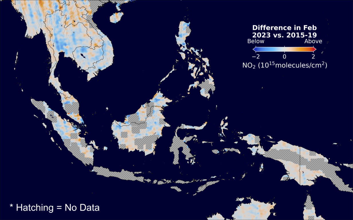 The average minus the baseline nitrogen dioxide image over SEAsia for February 2023.
