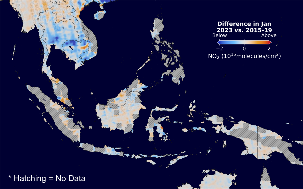 The average minus the baseline nitrogen dioxide image over SEAsia for January 2023.