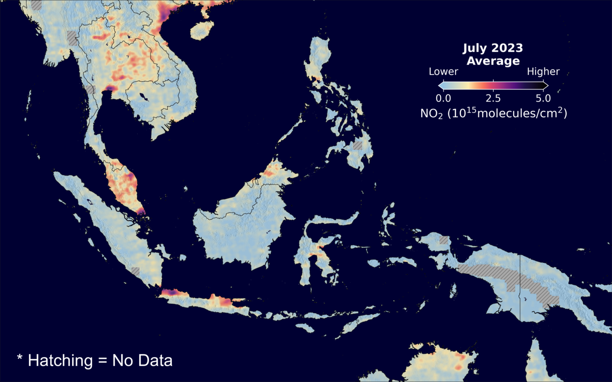 An average nitrogen dioxide image over SEAsia for July 2023.