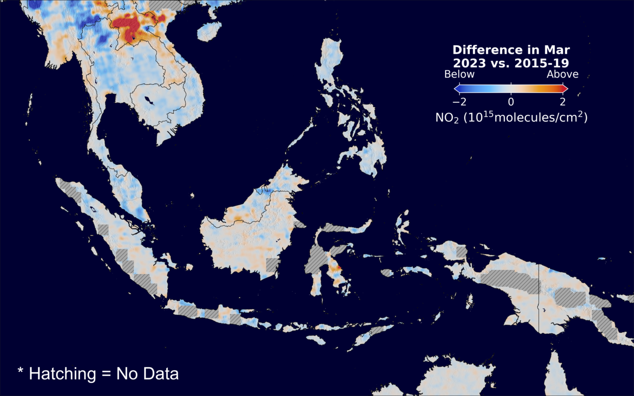 The average minus the baseline nitrogen dioxide image over SEAsia for March 2023.