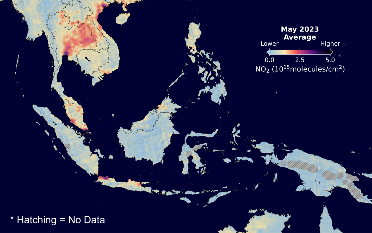 An average nitrogen dioxide image over SEAsia for May 2023.