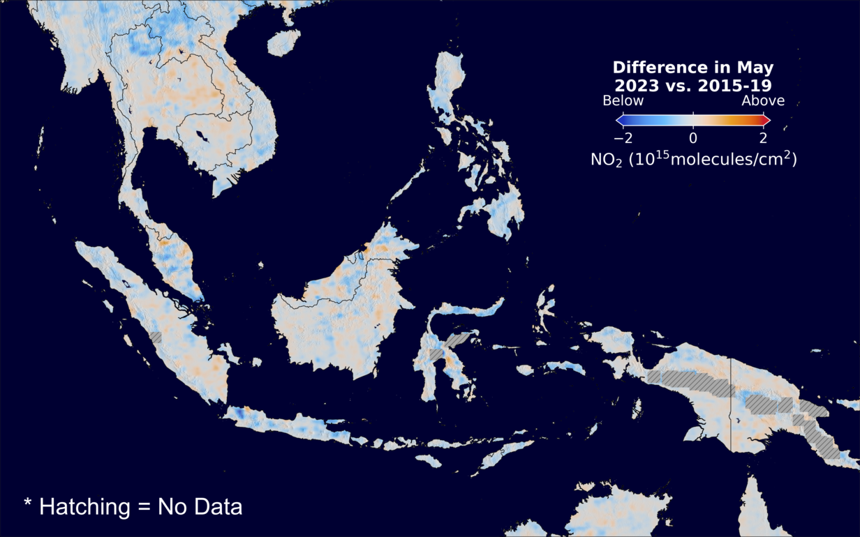 The average minus the baseline nitrogen dioxide image over SEAsia for May 2023.