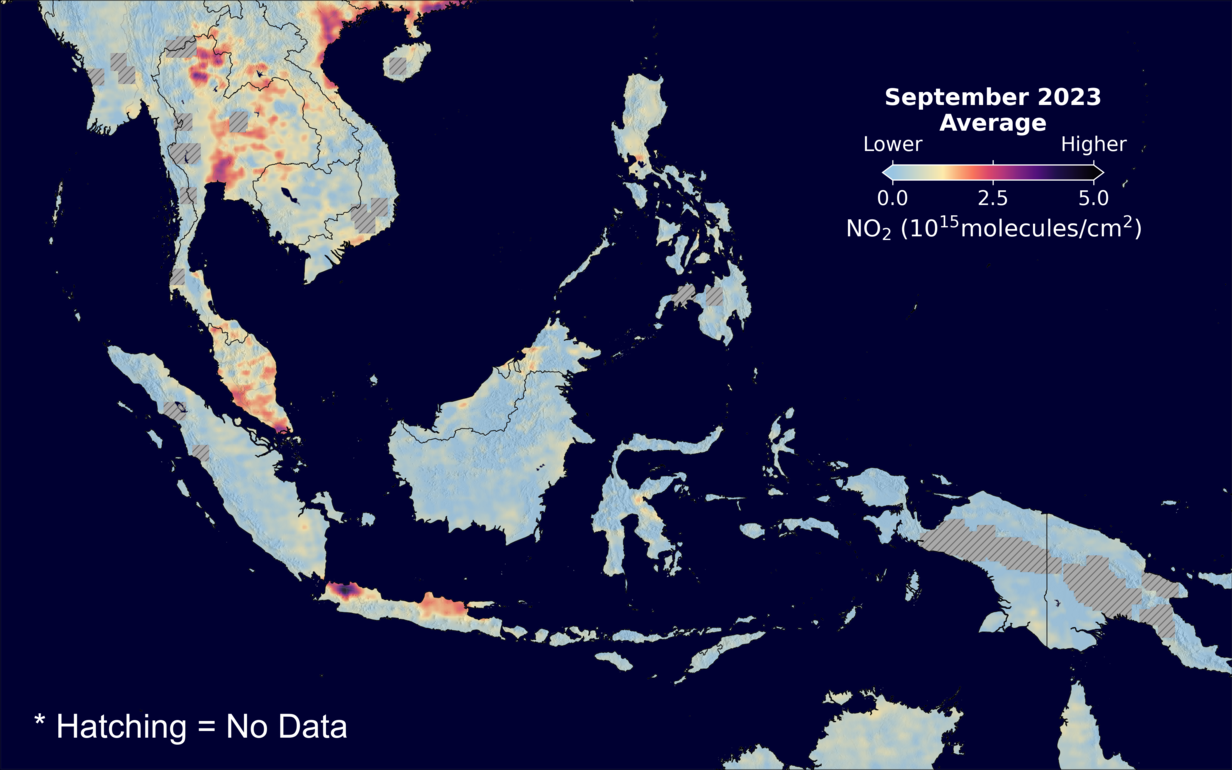 An average nitrogen dioxide image over SEAsia for September 2023.