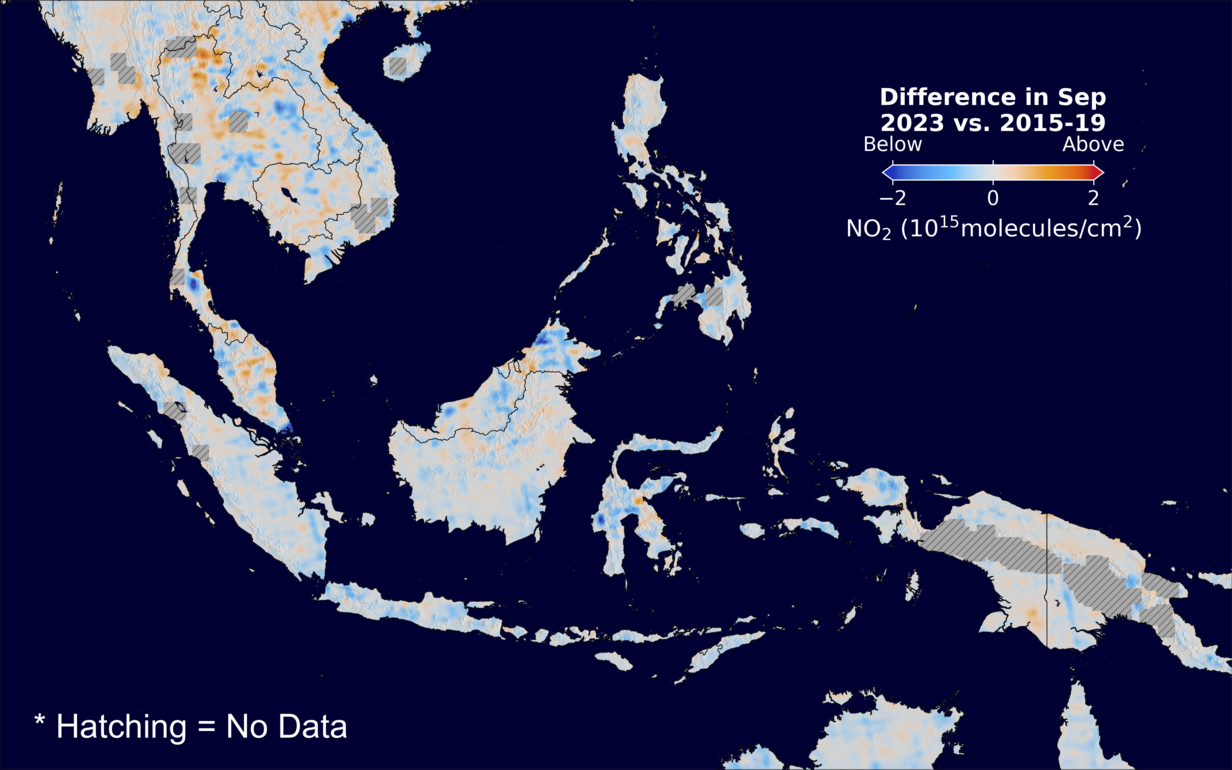 The average minus the baseline nitrogen dioxide image over SEAsia for September 2023.