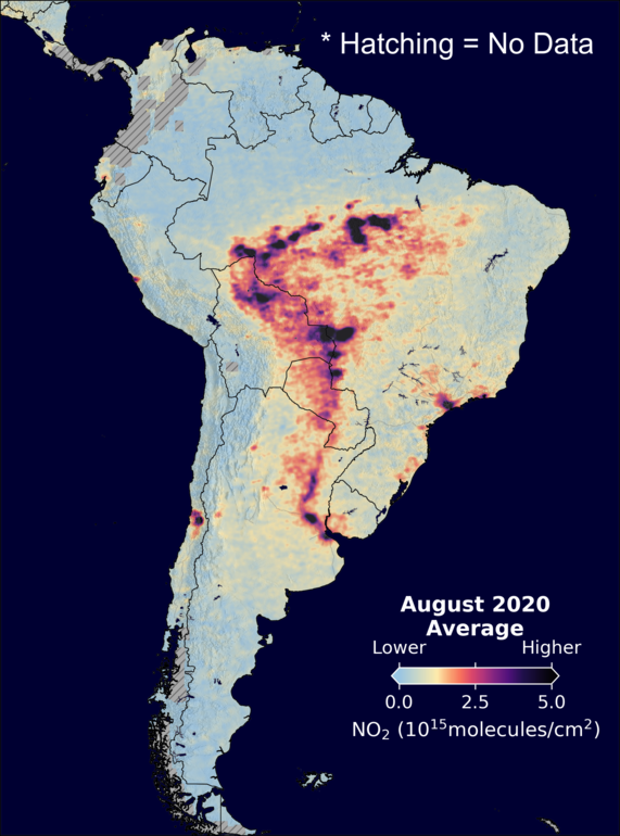 An average nitrogen dioxide image over SouthAmerica for August 2020.