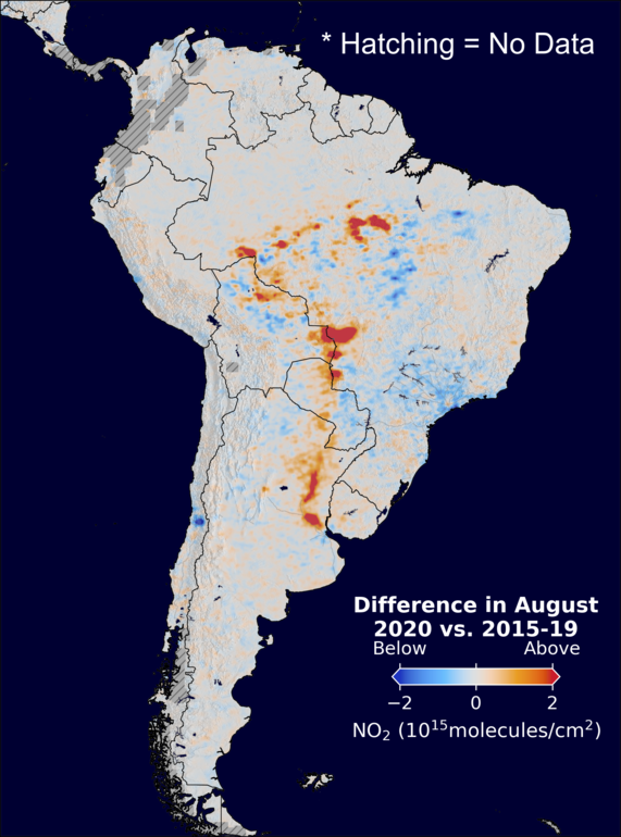 The average minus the baseline nitrogen dioxide image over SouthAmerica for August 2020.