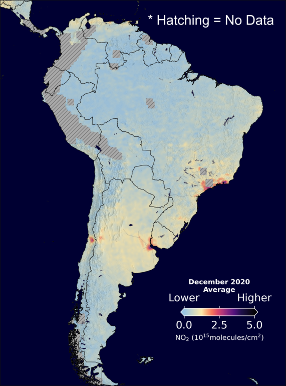 An average nitrogen dioxide image over SouthAmerica for December 2020.
