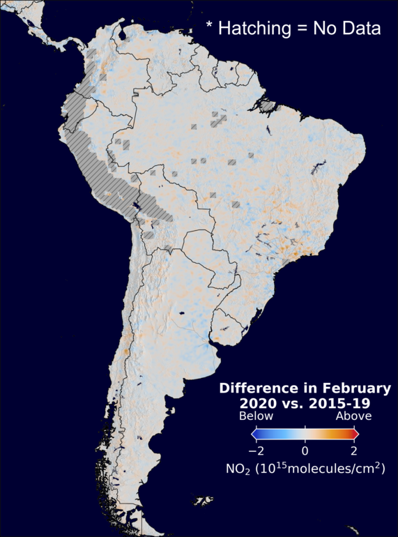 The average minus the baseline nitrogen dioxide image over SouthAmerica for February 2020.