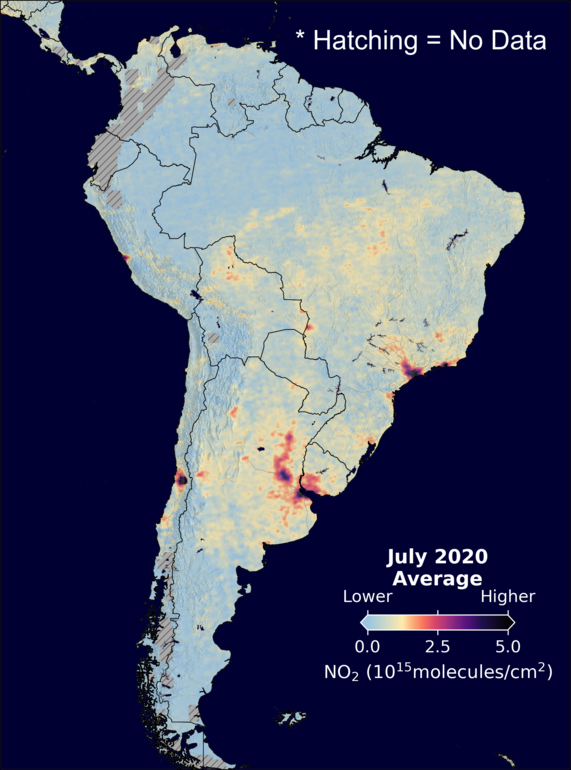 An average nitrogen dioxide image over SouthAmerica for July 2020.