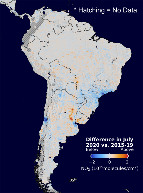 The average minus the baseline nitrogen dioxide image over SouthAmerica for July 2020.