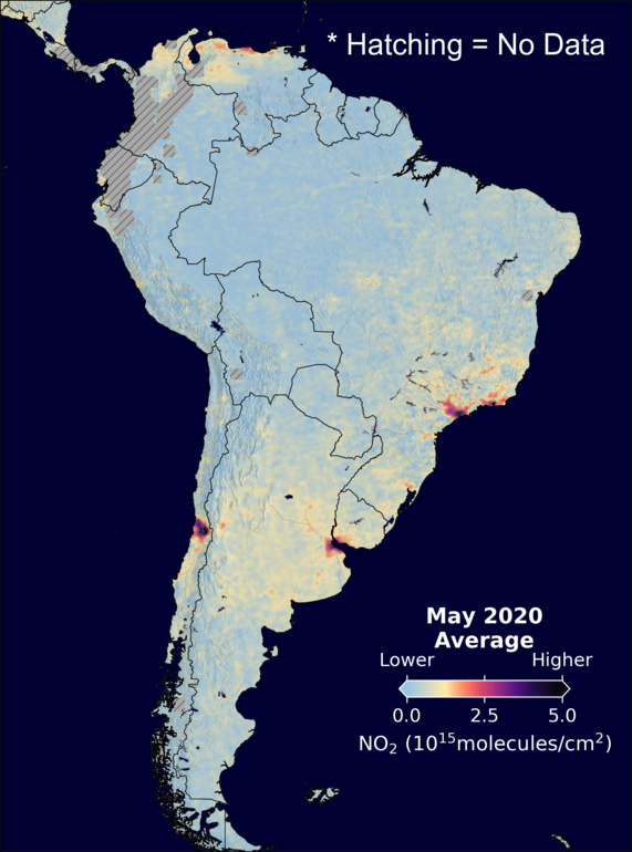An average nitrogen dioxide image over SouthAmerica for May 2020.